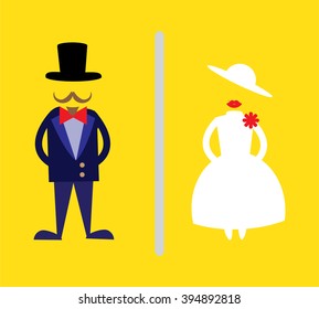 toilet Sign, Fitting room sign flat icon illustration, retro lady and gentleman symbol, yellow background