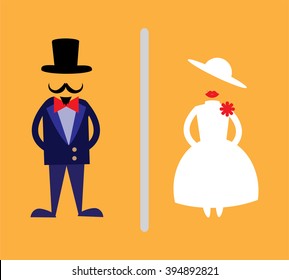 toilet Sign, Fitting room sign flat icon illustration, retro lady and gentleman symbol, orange background