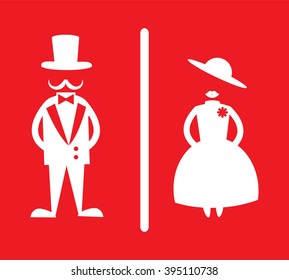 toilet Sign, Fitting room sign flat icon illustration, retro lady and gentleman symbol, red background