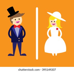 toilet Sign, Fitting room sign flat icon illustration, retro lady and gentleman symbol, orange background