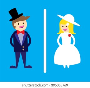toilet Sign, Fitting room sign flat icon illustration, retro lady and gentleman symbol, blue background