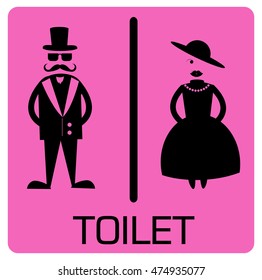 toilet Sign, Fitting room sign flat icon illustration, lady and gentleman symbol, toilet pink black background.