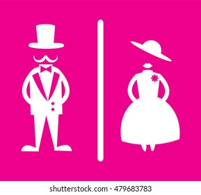 toilet Sign, Fitting room sign flat icon illustration, lady and gentleman symbol, pink background.