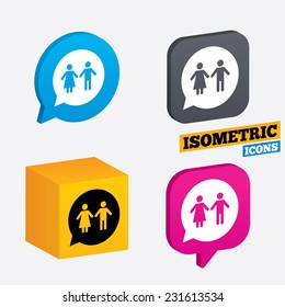 Toilet sign icon. Restroom or lavatory speech bubble symbol. Isometric speech bubbles and cube. Rotated icons with edges. Vector