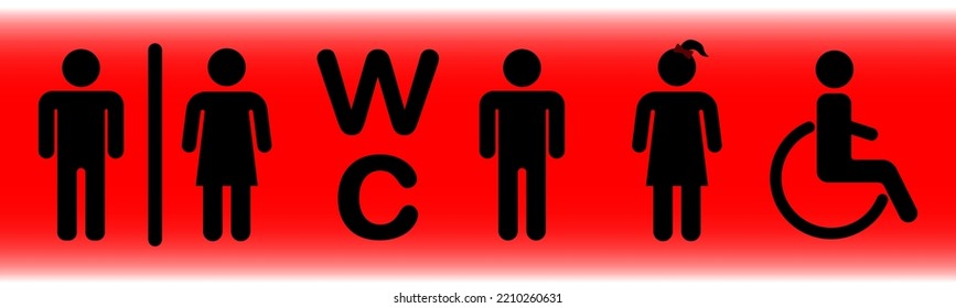toilet sign. toilet icon vector on red background, toilet and bathroom black pictogram. toilet for men, women, set of vector silhouettes.
