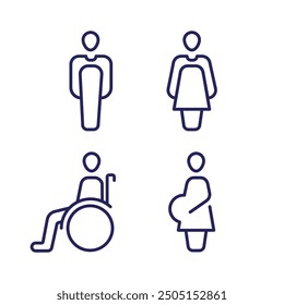 Toilet Sign Icons: Man Figure in Pants, Woman in Dress, Accessible Symbol with Wheelchair, and Pregnant Figure with Midsection Shape for Parent-Friendly Facilities