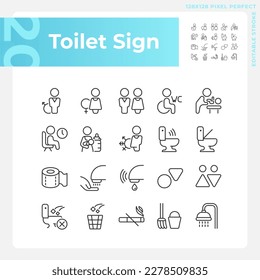 Toilet sign pixel perfect linear icons set. Public restroom marking symbols. Water closet rooms hygiene. Customizable thin line symbols. Isolated vector outline illustrations. Editable stroke