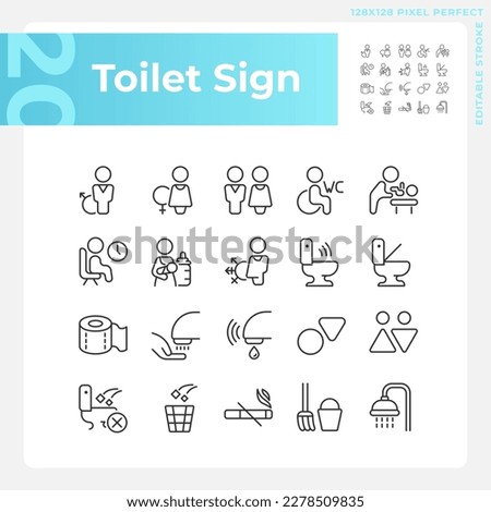 Toilet sign pixel perfect linear icons set. Public restroom marking symbols. Water closet rooms hygiene. Customizable thin line symbols. Isolated vector outline illustrations. Editable stroke