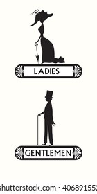 Toilet Sign, Plate With Men and Women Sign Isolated on White. lady and gentleman symbol. Vintage style