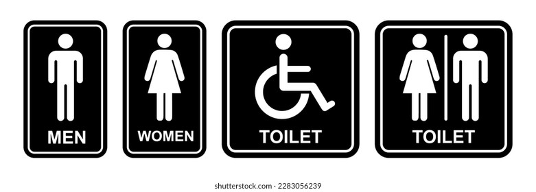 símbolo de señalización pública imprimible hombre mujer con área de baño simple minimalista negro