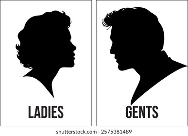 Toilet Sign or Restroom Sign - Silhouette of lady and gent, woman and man, female and male, with solid white background