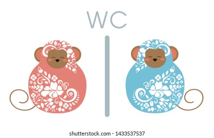 Toilet sign  WC on white background cute kawaii monkey nesting doll  matrioshka, symbolizing male and female, nameplate pointer