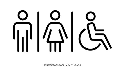 Icono de señalización de inodoro, wc o baño para varios géneros, signos de hombres mujeres y silla de ruedas para baño, símbolo de línea delgada sobre fondo blanco - ilustración de vector de trazo editable.