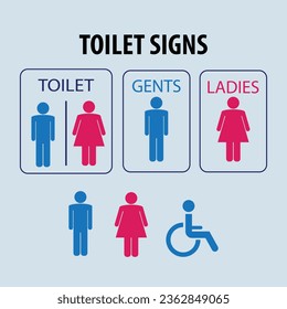 Toilet signs are blue, pink, with gents, ladies and disabled symbols