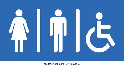 Toilet signs isolated on blue background. Toilet pictogram. Restroom sign. Men and women symbols. Vector stock