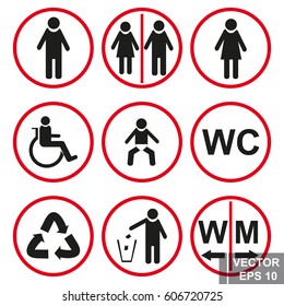 Toilet signs. Pointer. Man. Female. Public place. For your design.