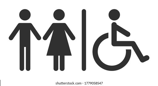 Toilet signs vector isolated. Simple icons for restroom, male, female and disabled. Public lavatory pictogram.