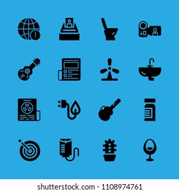 toilet, spanish guitar, guitar protector, selection, windmill, newspaper, worldwide, news paper and medicine vector icon. Simple icons set