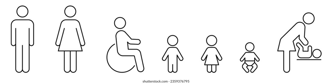 Toilet symbols. Line icon set for WC: man and woman, boys and girls,  Collection of vector icons for public restroom.
