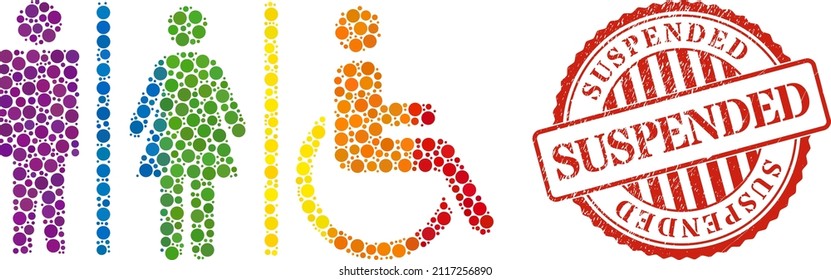 Toilet symbols mosaic icon of circle spots in different sizes and rainbow colorful color tinges. Red rounded grunge watermark with Suspended message.