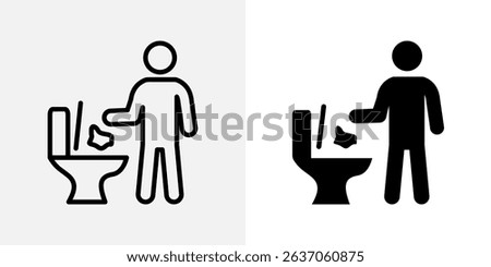 Toilet trash icon. Person throwing waste into toilet bowl vector illustration. Hygiene and bathroom etiquette symbol. Used in public restrooms and sanitation instructions sign. Cleanliness pictogram.