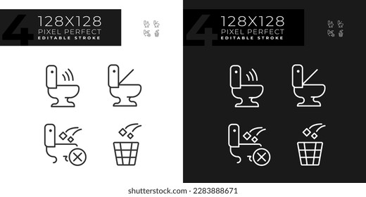 Toilet usage recommendations pixel perfect linear icons set for dark, light mode. Toilet bowls automation. Thin line symbols for night, day theme. Isolated illustrations. Editable stroke