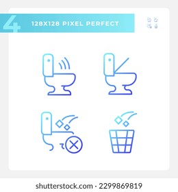 Toilet usage recommendations pixel perfect gradient linear vector icons set. Toilet bowls automation. Thin line contour symbol designs bundle. Isolated outline illustrations collection