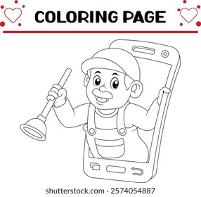 toilet vacuum cleaner holding pumper came out from mobile smartphone coloring page for kids