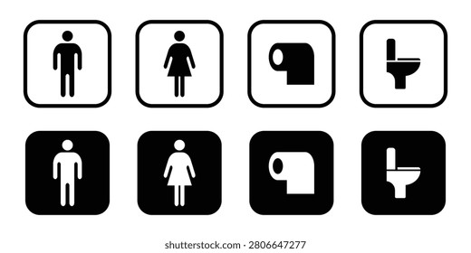 Toilet vector icon set. Men, woman, commode pan, tissue symbols privies on white background. Vector illustration. Eps10.