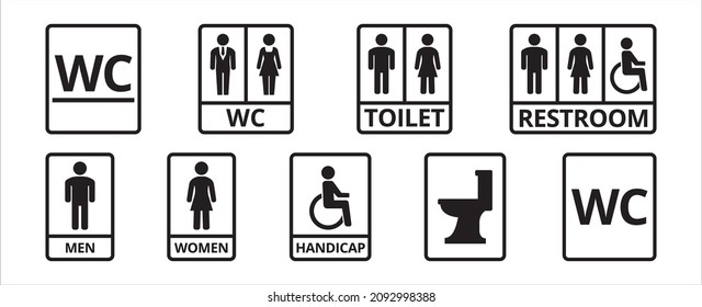 Conjunto de iconos vectoriales de inodoro. Juego de signos de la instalación de aseo y del inodoro. Hombres y mujeres y la ilustración vectorial de los símbolos de discapacidad. Iconos del baño.