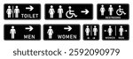Toilet vector icons set in black and white color. Wc toilet sign. Male and female restroom icon sign with left and right arrow. Disabled wheelchair sign symbol. Isolated vector Illustration.