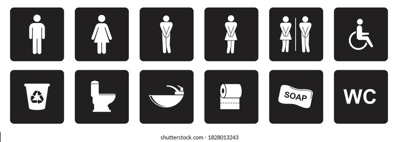 toilet vector icons set, boy or girl restroom wc. Funny toilet couple signing, desperate pee woman man wc icons Vector Illustration