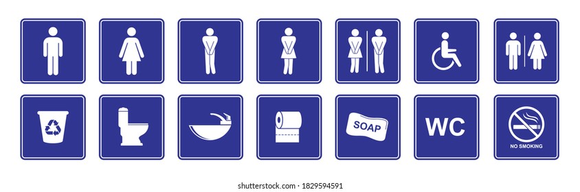 toilet vector icons set, boy or girl restroom wc. Funny toilet couple signing, desperate pee woman man wc icons Vector Illustration