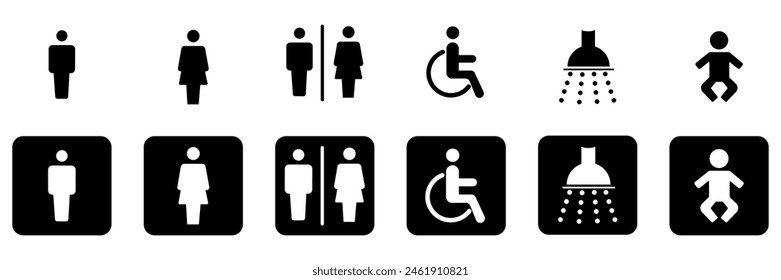 toilet vector icons set, male or female restroom symbols isolated on transparent background. Vector illustration.  