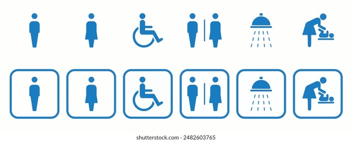 Conjunto de iconos vectoriales de inodoro, letreros de baños wc. masculinos o femeninos.