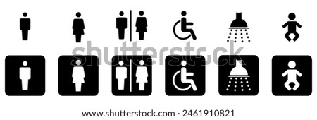 toilet vector icons set, male or female restroom symbols isolated on transparent background. Vector illustration.  