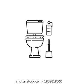 Toilet Vector Line Icon For World Toilet Day. Water Closet, Toilet Paper And Brush. Husehold Fixture Outline Symbol.