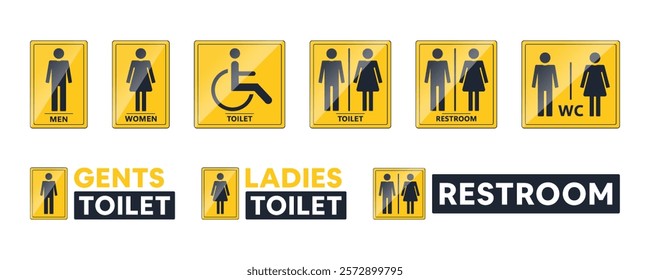 Toilet washroom flat printable public sign icon set. Restroom, bathroom, man, woman, WC, disabled, yellow, door sign, stickers silhouettes collection. Vector illustration with transparent background