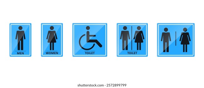 Toilet washroom flat printable public sign icon set. Restroom, bathroom, man, woman, WC, disabled, blue, door sign, stickers silhouettes collection. Vector illustration with transparent background