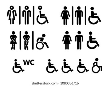 Toilet, wc, bathroom or restroom sign. Person with a disability, people with disability or physical handicap. Flat funny vector pictogram or symbol. Mobility symbol. Clean the toilets icon.