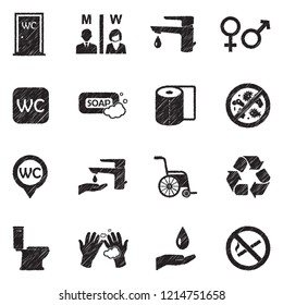 Toilet And WC Icons. Black Scribble Design. Vector Illustration.