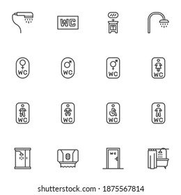 Toilet, WC line icons set, outline vector symbol collection, linear style pictogram pack. Signs, logo illustration. Set includes icons as sink, shower, paper towel, napkin, bathroom