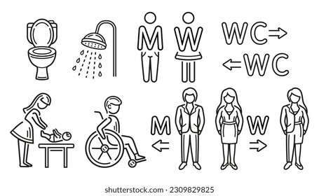 Toilet WC, male and female, gender neutral public restroom, person with disability use wheelchair line icon set. Man and woman washroom. Mother and baby changing room. Bathroom, shower sign. Vector