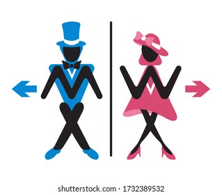 Toilet wc sign. Funny elegant lady and gentleman for bathroom door. Couple hurry to lavatory. Colored male and female symbol for washroom in retro style. Flat vector isolated on white background.