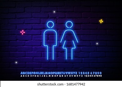 Toilet WC Sign Icon Neon Light Glowing Woman and Man Symbol Neon Red Glowing