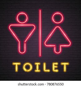 Toilet WC Sign Icon Neon Light Glowing Woman and Man Symbol Neon Red Light. Text Glowing Yellow Light