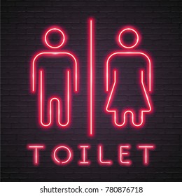Toilet WC Sign Icon Neon Light Glowing Woman and Man Symbol Neon Red Glowing