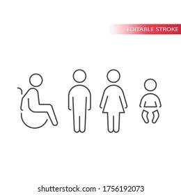 Toilet Or Wc Thin Line Vector Symbols Set. Men, Women, Disabled, Diaper Changing Icons. Outline, Editable Stroke.