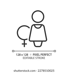 Toilet for women pixel perfect linear icon. Public restroom door marking. Closed space for ladies hygiene. WC service. Thin line illustration. Contour symbol. Vector outline drawing. Editable stroke