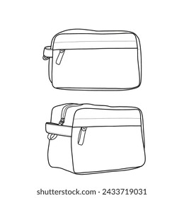 Toiletries bag with handle and zipper. Cosmetic bag with zipper. Outline vector doodle illustration, front, and side view.